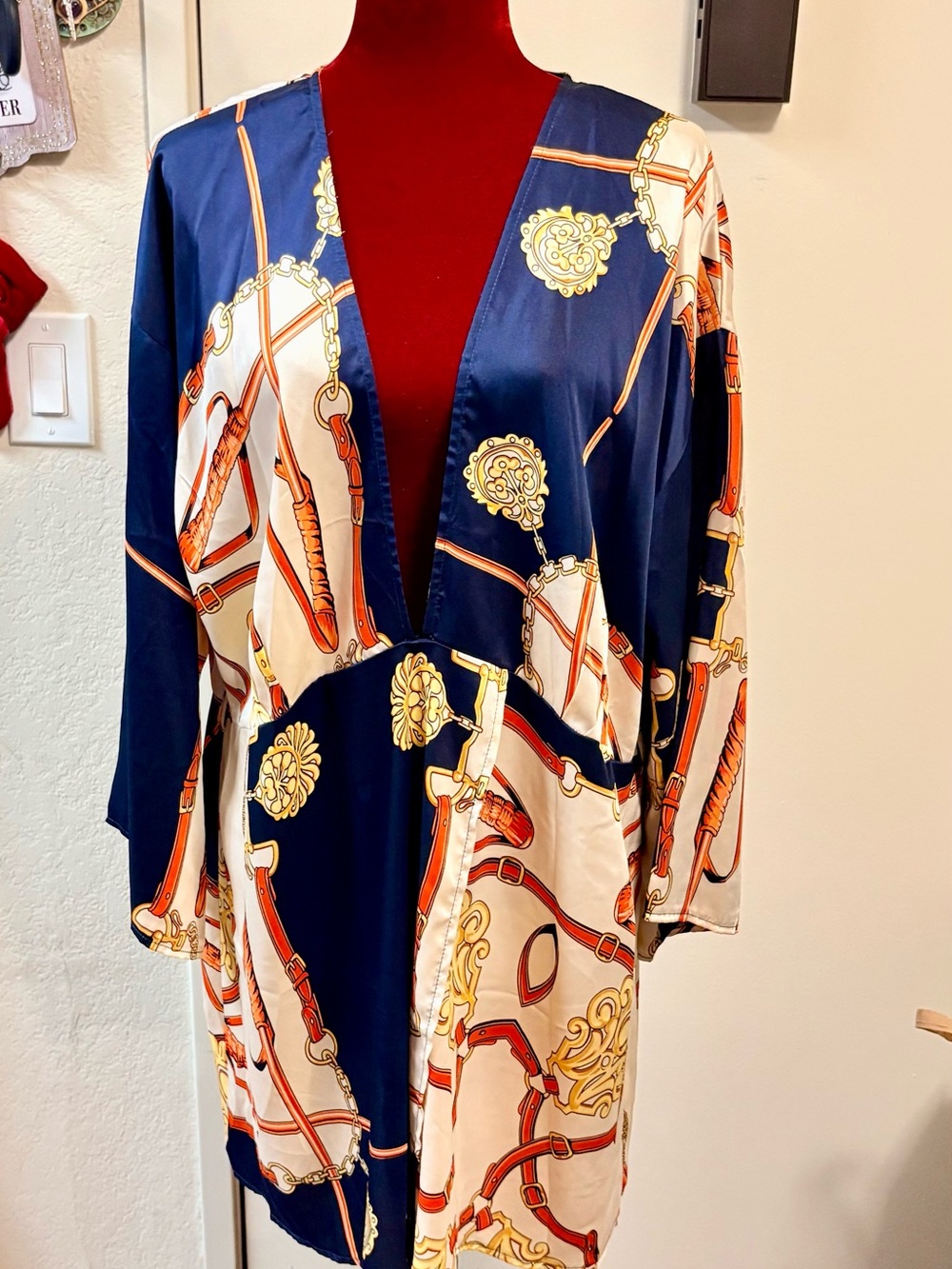 Boohoo Navy, Cream & Gold Chain-Print Satin Dress